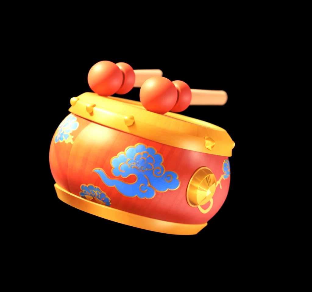 一个中国drum,There are two wooden sticks on it, Object Art, Musical Instruments, 3d icons for mobile games, video game item, Role Playing Game Items render, drum, Inspired by Pu Hua, 3d游戏对象, 手drum, detailed picture, Role Playing Game Items, official art works, 3d,Ultra Detailed,HD,8K