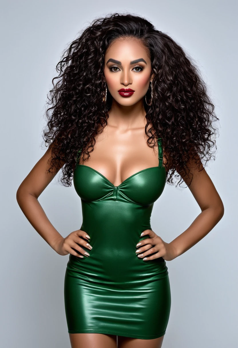 Completely Arafed woman, Attractive woman in red latex dress (Seductive look), Dressing in fashion. Black and Brazilian mixed race, mixed race woman, beautiful 30 year old Afro-Latina girl, beautiful African and Latina, supermodel, stunning beauty, Brazilian and Angolan descent, the most beautiful woman in the world, jaw-dropping beauty, She has a beauty exotic, a tall woman, a black woman, mixing African and indigenous features, a unique mix of indigenous, African and European ebony, her beauty is unique, undeniable, a beautiful young black woman with dark skin. Long curly black hair, her hair is curly black, with long curly black hair, Curly black goddess, long curly hair, (Curly hair:1.2), Curly hair, curls, long curly afro hair, big hair, afro hair far away. Sexy face, beautiful face, Seductive appearance, vibrant sensual. Detailed seductive eyes, sexy with green eyes, look directly into the camera, evil eyes, sexy with green eyes, piercing green eyes, (eyeliner, long eyelashes), intense look, mysterious and charming look, look of magnetism, attraction and fascination. Perfect thick arched eyebrows, the nose is small and proportional to the face. Lush lips, delicious lips, voluminous lips, big lips, Attractive and irresistible mouth, well-defined lips, full lips, voluminous lips, seductive lips, seductive expression, a seductive smile is enigmatic. The makeup is subtle, (cat eye makeup:0.85), professional makeup. Black woman, Olive skin, healthy and even glow, dark skin, sexy girl with olive skin, detailed textures, detailed skin, beautiful and glowing skin, intricate details, smooth skin, healthy and radiant appearance. Fitness woman, toned body, beautiful, attractive and slim woman, medium bust, athletic, thin waist, wide hips, big butt, thick thighs, shapely legs. A woman posing for a complete, sexy and dynamic photo. Tight black outfit, black bodycon dress, short black dress, sexy black dress. Sensual, sensual pose with big breasts, cinematic photo, photorea
