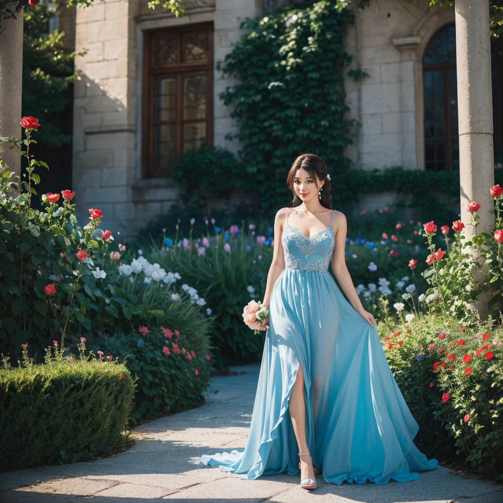 Create an image of a woman wearing a blue dress, participating as the Bachelorette. She is holding a red rose in her hand. The setting should be elegant and romantic, with a backdrop that suggests a formal event or a beautiful outdoor locatio