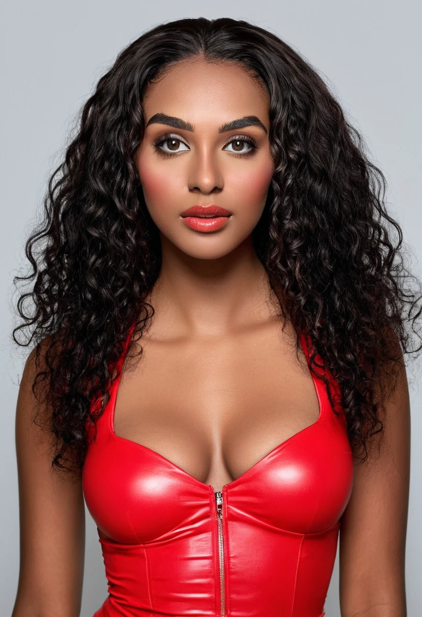 Completely Arafed woman, Attractive woman in red latex dress (Seductive look), Dressing in fashion. Black and Brazilian mixed race, mixed race woman, beautiful 30 year old Afro-Latina girl, beautiful African and Latina, supermodel, stunning beauty, Brazilian and Angolan descent, the most beautiful woman in the world, jaw-dropping beauty, She has a beauty exotic, a tall woman, a black woman, mixing African and indigenous features, a unique mix of indigenous, African and European ebony, her beauty is unique, undeniable, a beautiful young black woman with dark skin. Long curly black hair, her hair is curly black, with long curly black hair, Curly black goddess, long curly hair, (Curly hair:1.2), Curly hair, curls, long curly afro hair, big hair, afro hair far away. Sexy face, beautiful face, Seductive appearance, vibrant sensual. Detailed seductive eyes, sexy with green eyes, look directly into the camera, evil eyes, sexy with green eyes, piercing green eyes, (eyeliner, long eyelashes), intense look, mysterious and charming look, look of magnetism, attraction and fascination. Perfect thick arched eyebrows, the nose is small and proportional to the face. Lush lips, delicious lips, voluminous lips, big lips, Attractive and irresistible mouth, well-defined lips, full lips, voluminous lips, seductive lips, seductive expression, a seductive smile is enigmatic. The makeup is subtle, (cat eye makeup:0.85), professional makeup. Black woman, Olive skin, healthy and even glow, dark skin, sexy girl with olive skin, detailed textures, detailed skin, beautiful and glowing skin, intricate details, smooth skin, healthy and radiant appearance. Fitness woman, toned body, beautiful, attractive and slim woman, medium bust, athletic, thin waist, wide hips, big butt, thick thighs, shapely legs. A woman posing for a complete, sexy and dynamic photo. Tight black outfit, black bodycon dress, short black dress, sexy black dress. Sensual, sensual pose with big breasts, cinematic photo, photorea