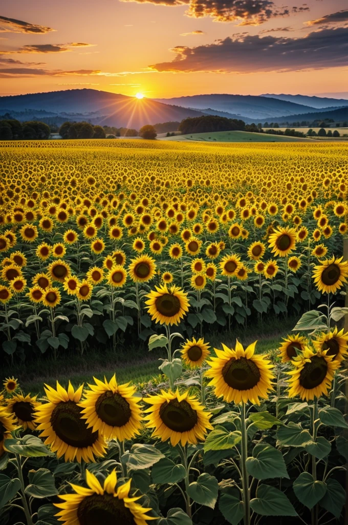 Sunrise in a field with hills of sunflowers