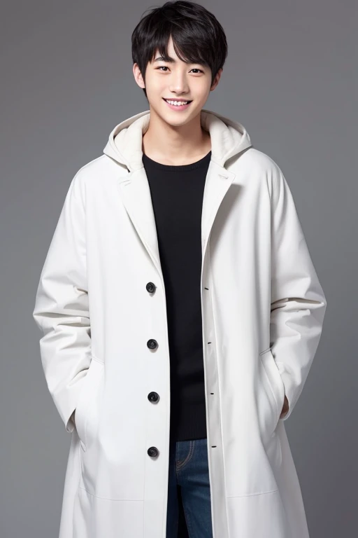 male,simple background ,Short Hair,Black Hair,1 man,20-year-old,open eyes,japanese,standing attention,smile face,white coat,undressing