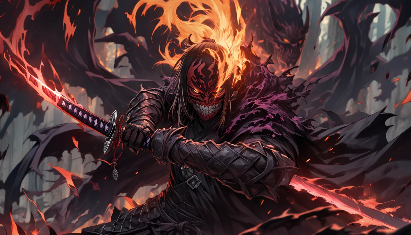 ninja mask, cape,close up, black heavy detailed clothes, katana, art, dark and malevolent, hand sword, armor, powerful and intimidating, (masterpiece, best quality, ultra-detailed, best shadow), (detailed background, dark fantasy) dramatic light, intricate details, dark and malevolent, powerful and intimidating, Dark and foreboding, malevolent force, sinister and chilling, armor, high detailed background, girl in demon slayer art, demon slayer art style, epic anime art, God death