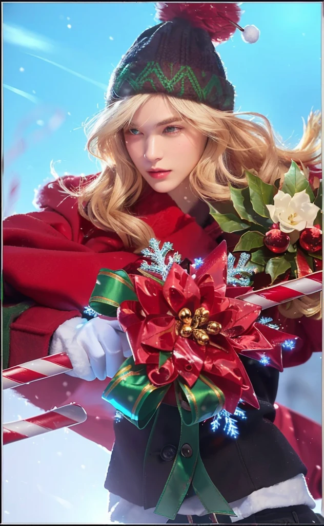 a close up of a handsome man in a red coat holding a candy cane, christmas, wearing a fur trimmed hat, detailed facial features, warm lighting, cinematic, high quality, photorealistic, 8k, best quality