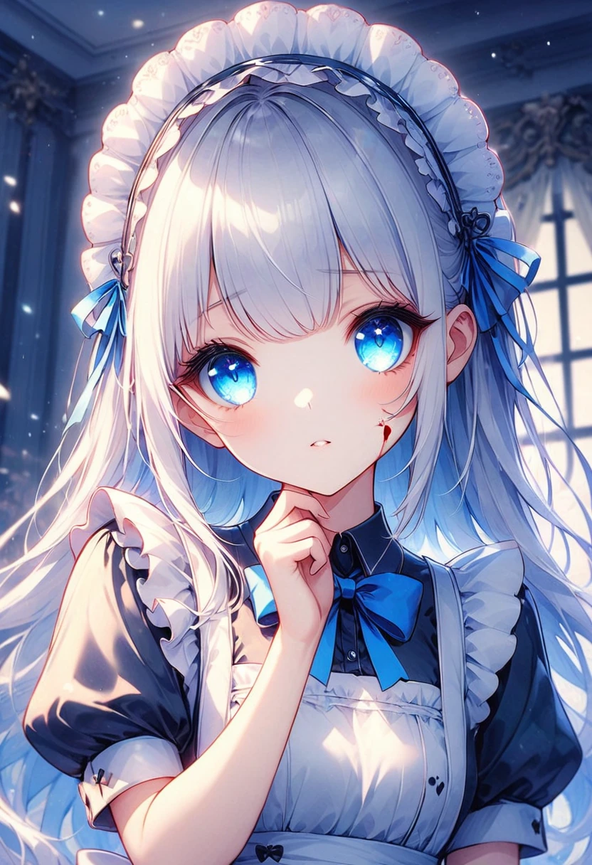 finely detail,Depth of field,Amazing,highres,intricate detail,best illumination,best shadow,(late at night),night,(Dark blue theme),Depth of field,window,White curtains,1girl,solo,bangs,blood on face,dark persona,white hair,Blue bow tie,maid,Short sleeve,apron,maid headdress,long hair,hand on own chin,teary-eyed,blood on clothes,blood,maid apron