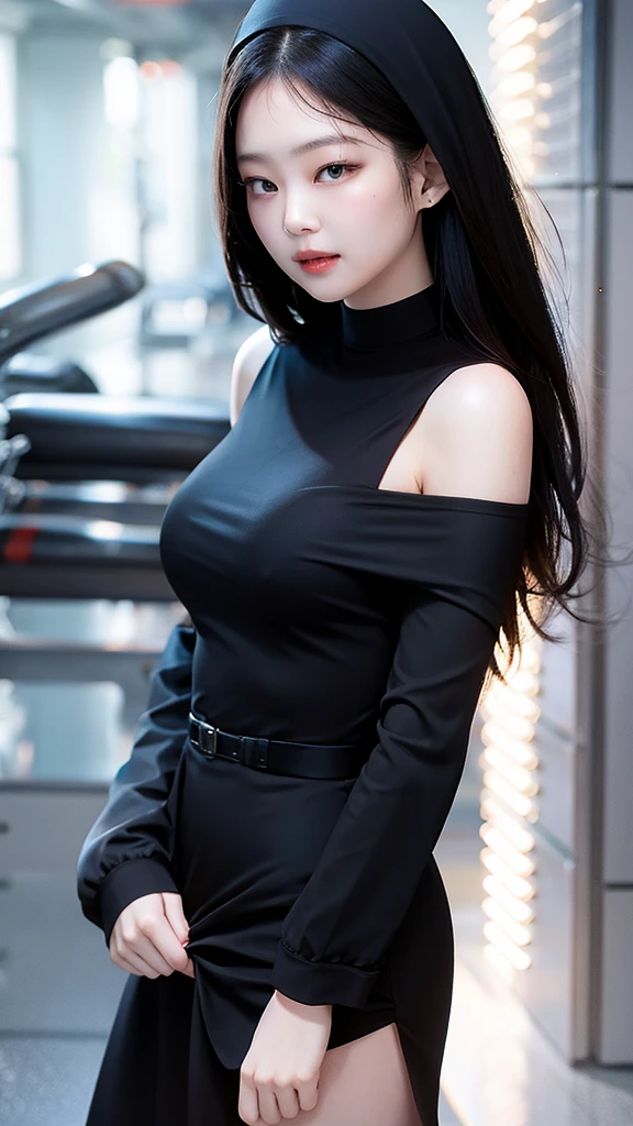 Kim Jennie, long black hair, sexy body dressed in a beautiful red dress her big breasts her beautiful face, a goddess and another of a nun who dresses