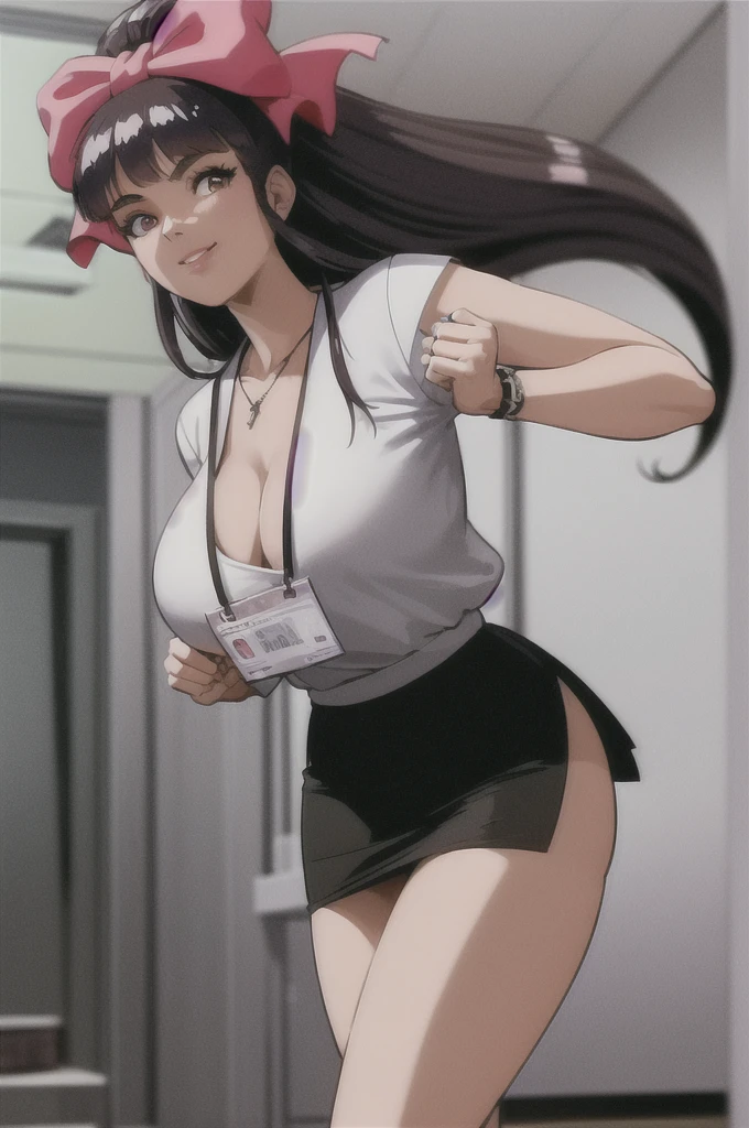 mikomid, 1girl, solo, hair bow, white shirt, black miniskirt, retro artstyle, running, 1990s (style), office, indoors, hallway, window, floating hair,  white shirt, black miniskirt, necklace, jewelry, 1girl, bracelet, large breasts, black hair, miniskirt, long hair, cleavage, blurry, lips, large breasts, necklace, watch, depth of field, ring, standing, realistic, solo, blurry background, sweet smile, Office suit, in office, working, sexy, sensual,(id card lanyard/), working