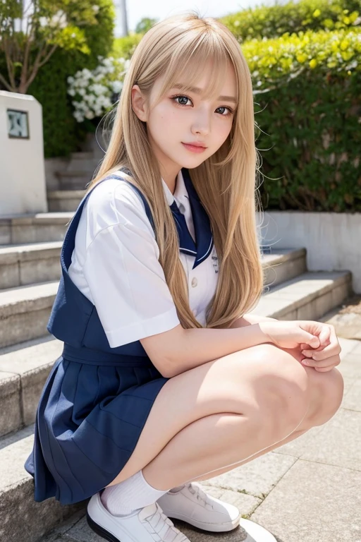 Her windblown blonde hair obscures her pretty face..、Bangs that flow between the eyes、Sexy big 、16 year old cute little smile、Shiny, bright, straight, super long blonde hair、Cute and beautiful long, smooth bangs covering the area between the eyes、Long, straight, silky hair、sexy and cute beautiful young girl、clear, white and Shiny skin、Shiny skin、Beautiful Face、Beautiful brown eyes that shine so brightly、Very big eyes、Small Face Beauty、Perfect beauty、（Full body 2：1）、（high school girl）、Squatting on the steps of the park、Shot from below、uniform、Sailor suit、Short sleeves、Navy blue short skirt、Navy blue knee socks、Her white pants are slightly visible、Sexy pose、gravure、 information