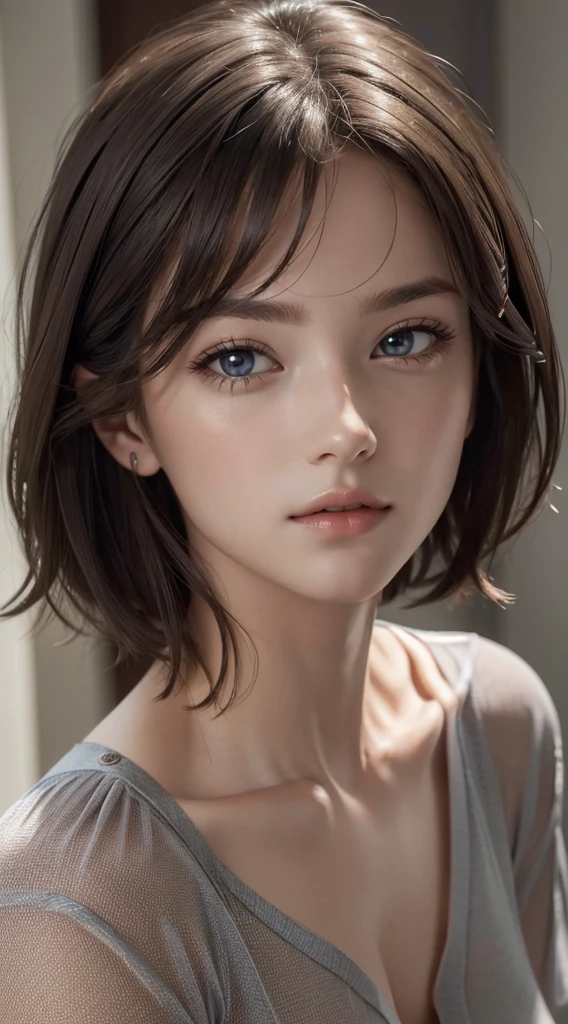 (masterpiece、RAW, UHD, top quality、photorealistic、High resolution、hyper realistic photograph、:1.3)、close up shot、sharp focus、one brunette girl、30 years old mature woman、small face、natural makeup、hot models、Highly detailed eyes and pupils、realな肌、slim body shape、Bust B Cup、、cleavage、short cut hair、dark brown hair、delicate face、Sensual gaze、glossy lips、((Wearing a Henry shirt))、The background is、gray、((real、超real、realism、realなディテール))