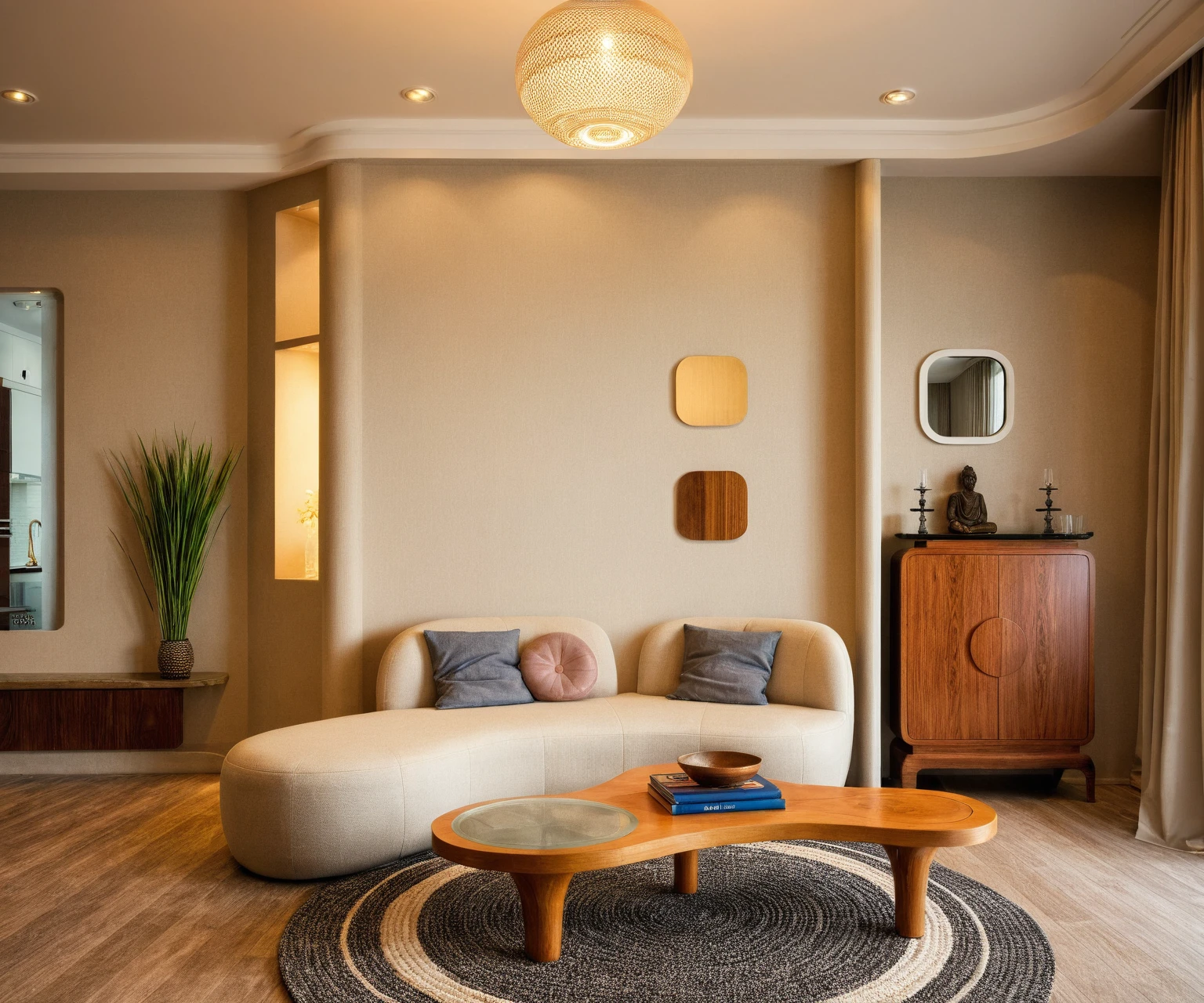 Raw photo,Masterpiece, high quality, best quality, authentic, super detail, interior, livingroom style modern luxury, sunset, day light, sofa, tea table, carpet, flower vase on tea table, wine bottle, tray, armchair, wine cabinet, books, glass cabinet doors, snake plant pot, halong bay view window, downlight, chandelier