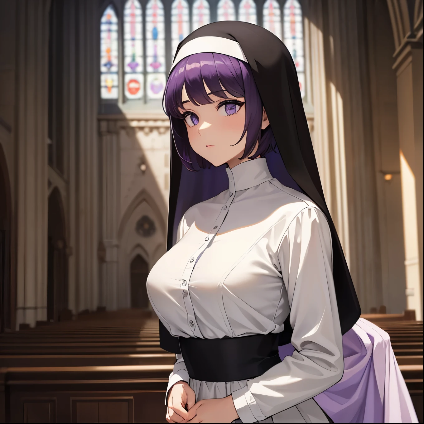 Superior quality, Masterpiece, ultra high resolution, The image of a 1 girl with short purple hair and purple eyes and she is in a church wearing a nun's outfit, she is on her back showing her big ass