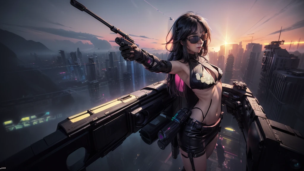 (((aerial view))) of futuristic cyberpunk city at night, hologram neon buildings, vivid colors, (((futuristic flying cars))) and futuristic cars, 3d rendering Beeple. large-breast:1.2 photorealistic sexy woman, solo, cleavage, tube top, miniskirt, (((((black sunglasses, pistol shooting pose))))), standing, leaning forward, (((((half-body thigh level medium shot))))).