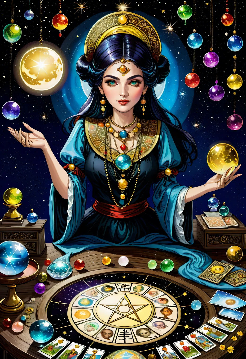 Illustration of Astrologer, 
A beautiful woman is telling fortunes in an astrologer's costume, a wide variety of accessories, tarot cards and crystal balls on the desk,


elaborately painted face, high contrast, intricate detailed, oil painting style