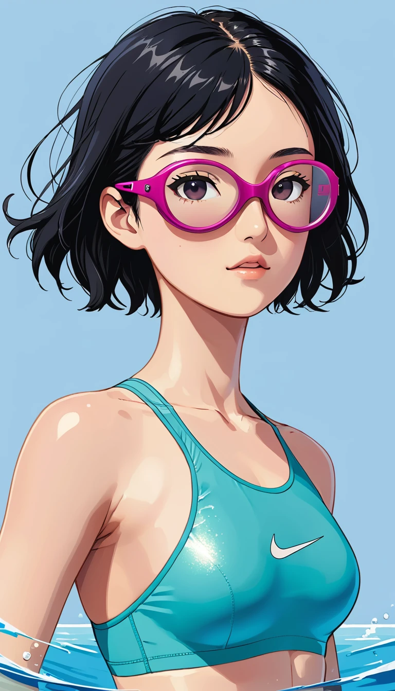 Competitive swimming suits、Swimming goggles、Black Hair、Berry Short、Upper Body、Simple Background、Moderate bust、NIKE Swimsuit、Japanese、Girl