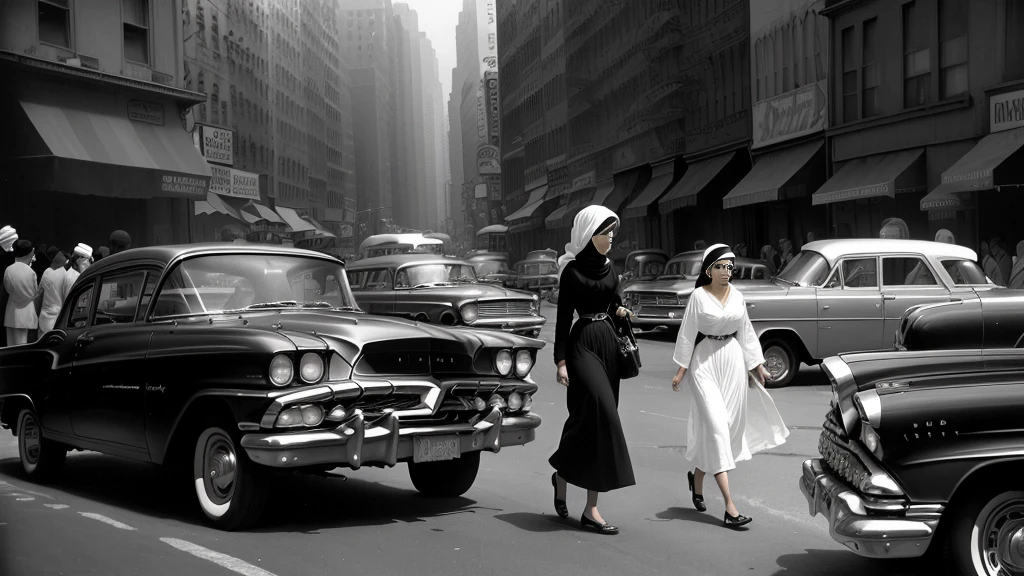 Arabian woman walking in front of a row of parked cars, New York in the 1960s, cinematic diane arbus, inspired By Ruth Orkin, inspired By Bruce Davidson, Bruce Davidson Photography, By Ruth Orkin, By Bruce Davidson, inspired by Vivian Maier, by Larry Fink, by Vivian Maier Black and White Photography