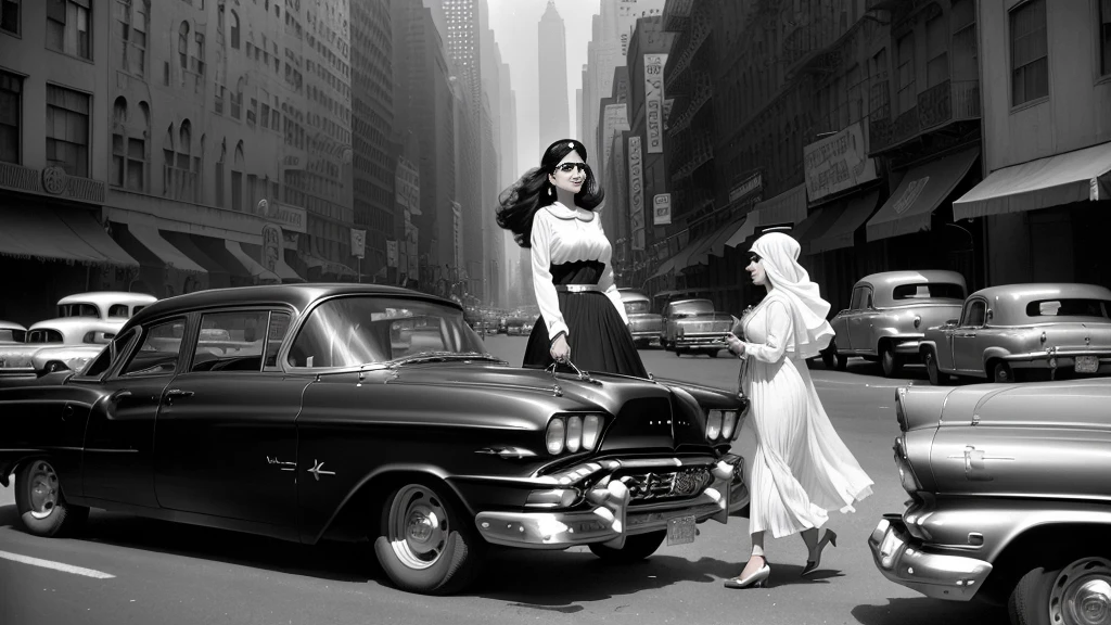 Arabian woman walking in front of a row of parked cars, New York in the 1960s, cinematic diane arbus, inspired By Ruth Orkin, inspired By Bruce Davidson, Bruce Davidson Photography, By Ruth Orkin, By Bruce Davidson, inspired by Vivian Maier, by Larry Fink, by Vivian Maier Black and White Photography