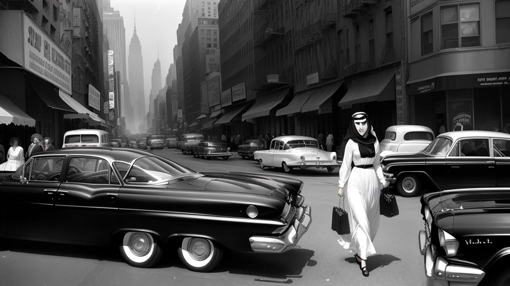 Arabian woman walking in front of a row of parked cars, New York in the 1960s, cinematic diane arbus, inspired By Ruth Orkin, inspired By Bruce Davidson, Bruce Davidson Photography, By Ruth Orkin, By Bruce Davidson, inspired by Vivian Maier, by Larry Fink, by Vivian Maier Black and White Photography