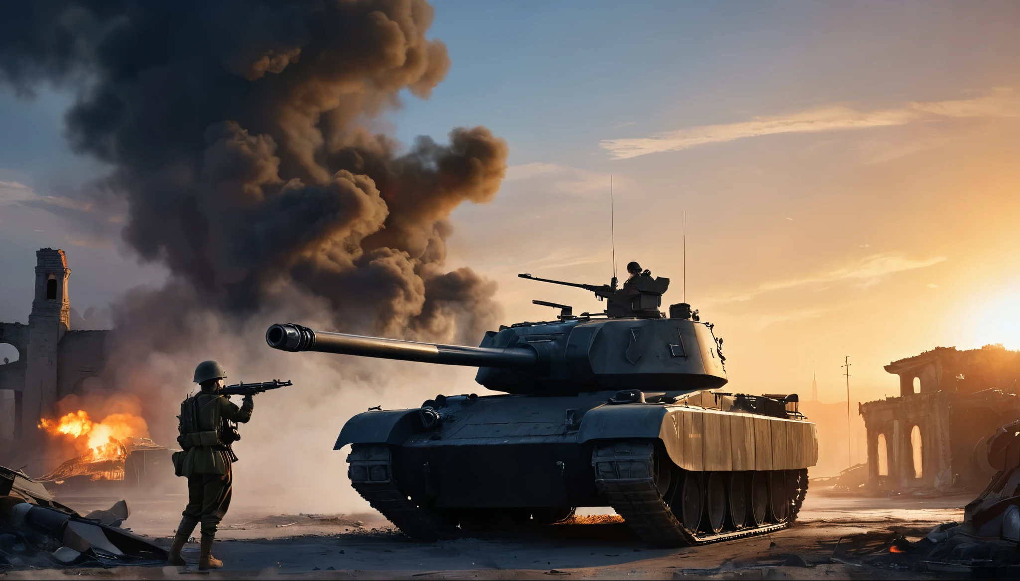 (A female soldier stands on the left and touches the tank gun barrel,Saying goodbye,Background is the ruins of the city,Under the sunset:1.5)painting masterpiece, Extremely detailed, Black White Dark Steel Dark Blue Black Light Brown Dark Brown White Light Orange Dark Red Dark Green, Dramatic Lighting, evening, High contrast, steam, FOG, Israeli soldiers fighting with tanks on the battlefield, Movie Lighting, Aspect ratio of 16:9, steam, 4K, professional ominous Concept Art, author:artgerm and greg rutkowski, complex, elegant, Highly detailed digital painting, Concept Art, Smooth, Clear focus, illustration, Simon Starenhagen's style, Wayne Barlow, 和 igor kieryluk., Acrylic painting, Popular in pixiv Fan Box, Palette knife and brush strokes, Makoto Shinkai's styleJamie WiseJames GirardEdward HopperGreg RutkowskiStudio GhibliGenshin Impact