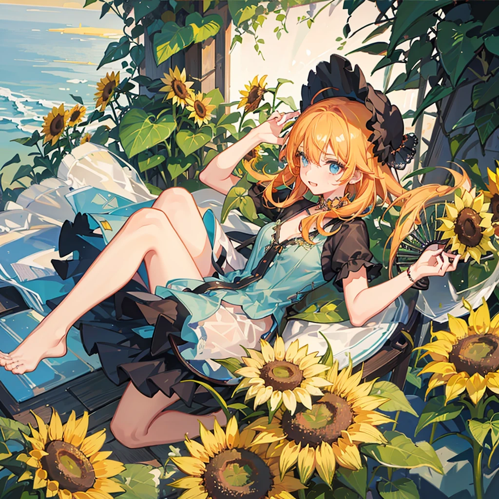 One Girl,pretty girl,Midsummer,very hot,sweating,Holding a folding fan,Wind chimes ring,Looking out the window,Great space,Sunflowers bloom,Lots of sunflowers,