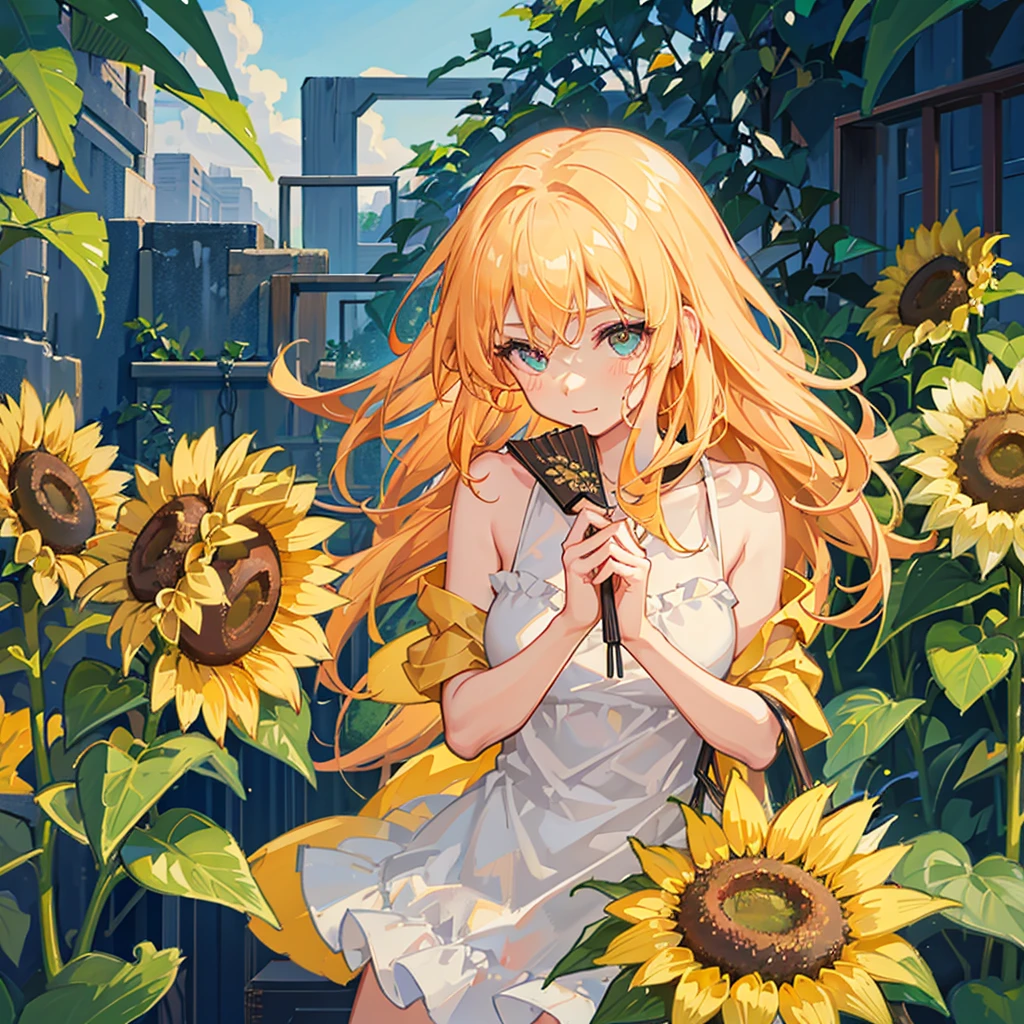 One Girl,pretty girl,Midsummer,very hot,sweating,Holding a folding fan,Wind chimes ring,Looking out the window,Great space,Sunflowers bloom,Lots of sunflowers,