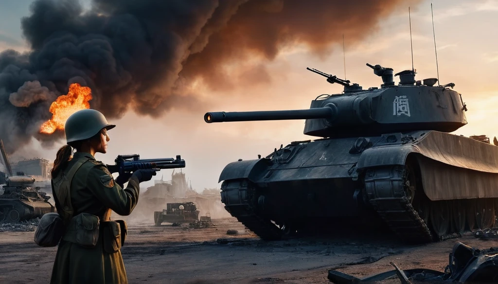 (A female soldier stands on the left and touches the tank gun barrel,Saying goodbye,Background is the ruins of the city,Under the sunset:1.5)painting masterpiece, Extremely detailed, Black White Dark Steel Dark Blue Black Light Brown Dark Brown White Light Orange Dark Red Dark Green, Dramatic Lighting, evening, High contrast, steam, FOG, Israeli soldiers fighting with tanks on the battlefield, Movie Lighting, Aspect ratio of 16:9, steam, 4K, professional ominous Concept Art, author:artgerm and greg rutkowski, complex, elegant, Highly detailed digital painting, Concept Art, Smooth, Clear focus, illustration, Simon Starenhagen's style, Wayne Barlow, 和 igor kieryluk., Acrylic painting, Popular in pixiv Fan Box, Palette knife and brush strokes, Makoto Shinkai's styleJamie WiseJames GirardEdward HopperGreg RutkowskiStudio GhibliGenshin Impact