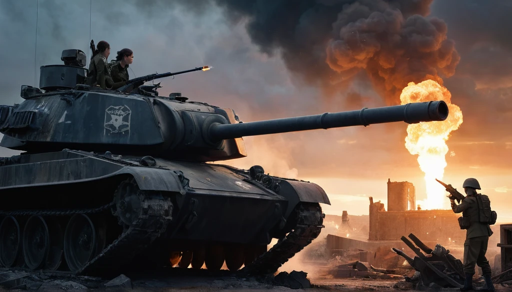 (A female soldier stands on the left and touches the tank gun barrel,Saying goodbye,Background is the ruins of the city,Under the sunset:1.5)painting masterpiece, Extremely detailed, Black White Dark Steel Dark Blue Black Light Brown Dark Brown White Light Orange Dark Red Dark Green, Dramatic Lighting, evening, High contrast, steam, FOG, Israeli soldiers fighting with tanks on the battlefield, Movie Lighting, Aspect ratio of 16:9, steam, 4K, professional ominous Concept Art, author:artgerm and greg rutkowski, complex, elegant, Highly detailed digital painting, Concept Art, Smooth, Clear focus, illustration, Simon Starenhagen's style, Wayne Barlow, 和 igor kieryluk., Acrylic painting, Popular in pixiv Fan Box, Palette knife and brush strokes, Makoto Shinkai's styleJamie WiseJames GirardEdward HopperGreg RutkowskiStudio GhibliGenshin Impact