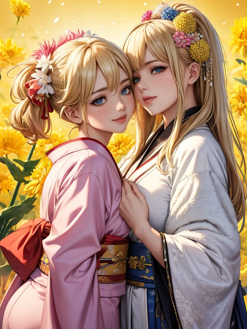 Highly detailed CG Unity 8k wallpaper, pretty girl, Mature blonde girl, Half Up,beautiful girl, Hot Maiden, Pale skin (super masterpiece, Beautiful person, well detailed face polluted smilee,   Her flat chest is hidden by her kimono、Realistic, Surreal), colorful red and pink winter kimono 、Has white fur、 wearing white gloves,Japanese style hair accessories,  (Light lighting)、smile,Upper Body 、Yellow chrysanthemum flower Japanese background, perfect anatomy, two girls is deeply in love with each other, kiss