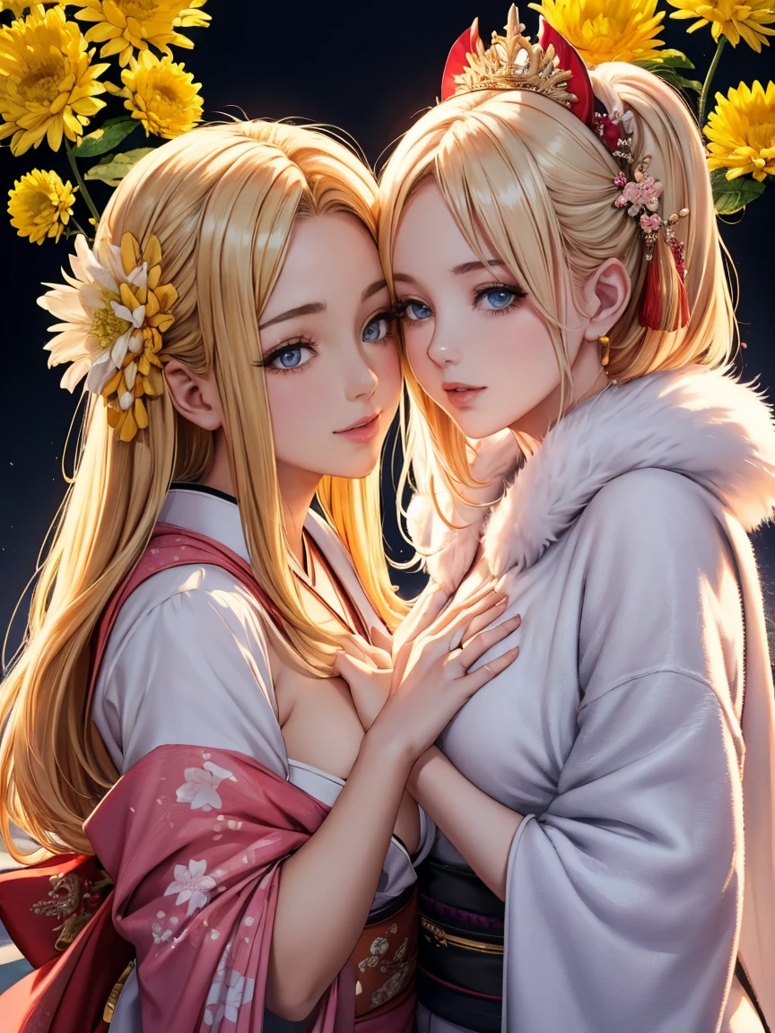 Highly detailed CG Unity 8k wallpaper, pretty girl, Mature blonde girl, Half Up,beautiful girl, Hot Maiden, Pale skin (super masterpiece, Beautiful person, well detailed face polluted smilee, Her flat chest is hidden by her kimono、Realistic, Surreal), colorful red and pink winter kimono 、Has white fur、 wearing white gloves,Japanese style hair accessories, (Light lighting)、smile,Upper Body 、Yellow chrysanthemum flower Japanese background, perfect anatomy, two girls is deeply in love with each other, kiss