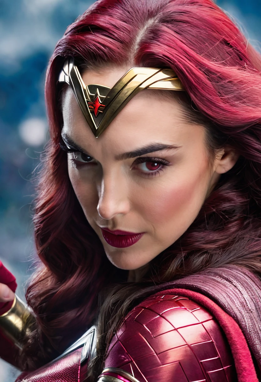 (((Extreme close-up GAL Gadot under the mantle of the Amazon warrior Wonder Woman Costume (((scarlet witch))),(((Diaema Wonder Woman Traje (((scarlet witch))),(((Diaema Wonder Woman)))