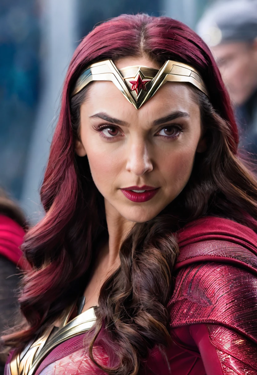 (((Extreme close-up GAL Gadot under the mantle of the Amazon warrior Wonder Woman Costume (((scarlet witch))),(((Diaema Wonder Woman Traje (((scarlet witch))),(((Diaema Wonder Woman)))