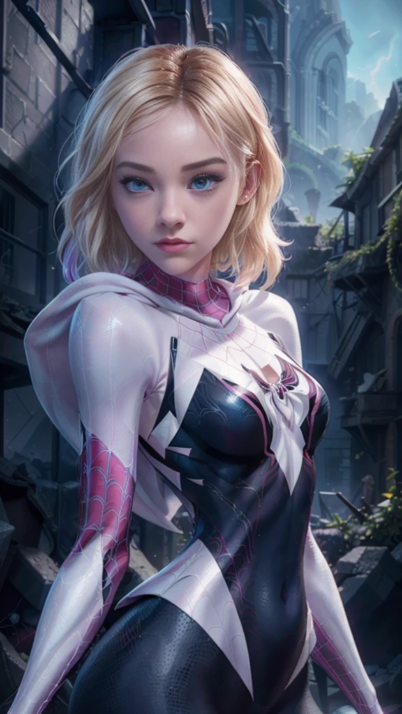 (La Best Quality,A high resolution,Ultra - detailed,actual),Spider -gwen standing in a city at night, araña-gwen, araña - gwen, (spider gwen:1.4) , (Gwen Stacy:1.4) ,,(Ruined dungeon ruins background:1.4 ), in the Artgerm Style, Artgerm Style, Artgerm Style, graphic artist artgerm, Betty Cooper, comic artgerm, in artgerm style, as seen on artgerm, Epic Fantasy Art Style HD, 4K fantasy art, epic fantasy digital art style, epic fantasy art style, Fantasy Woman, epic fantasy art portrait, Epic fantasy style, hyperrealistic fantasy art, hd fantasy art, Epic fantasy character art, epic fantasy art, in style of dark fantasy art, epic fantasy digital art, (perfect anatomy :1.4),( cinematic lighting :1.4), (uniform lasts white), More detailed 8K.unreal engine:1.4,UHD,La Best Quality:1.4, photorealistic:1.4, skin texture:1.4, Masterpiece:1.8,first work, Best Quality,object object], (detailed face features:1.3),(Beautiful blue eyes),  (cowboy pose), (face detailed Gwen Stacy :1.4),( Gwen Stacy :V2.1), (Five Fingers, Four fingers and thumb),