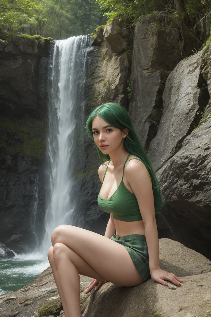 full body photo, a woman, thirty years old, Extremely detailed face, (face details), Oval face, plump face, round face, black eyebrows, charming eyes, gentleness, green eyes, (green hair color), long straight hair, green hair, big breasts, plump body, short green crop top, slim belly, (short skirt), Beautiful legs, sitting and posing on a rock, waterfall background