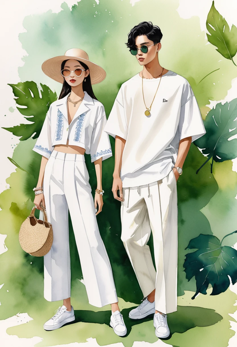 candid fashion illustration of young Asian man and woman, both aged 20 year old, ((showcase fashion look book in a Blabck and White rayon outfits)), inspired by Dior's resort collection 2023 in elegant young chic bohemian style. The man wears an oversized short-sleeved bowling white shirt with a minimal embroidery details, paired with relaxed-fit white Sports pants with Drawstring, He completes his look with white sneakers, round glasses. The woman complements him in a white Ankle-length dress in cotton woven fabric, open neckline, Smocked sections details to creating gathers effect, Her ensemble includes an accessorizes with a brimmed straw bag, pom-pom necklace and  white sneakers and necklace. Captured in a low angle, ((full-body image)), ((light green leaf water color background)), sketching, realistic drawing, ((imperfect water color drawing)), fashion look book, fashion illustrator, sketch design, Jacquemus, Paris,