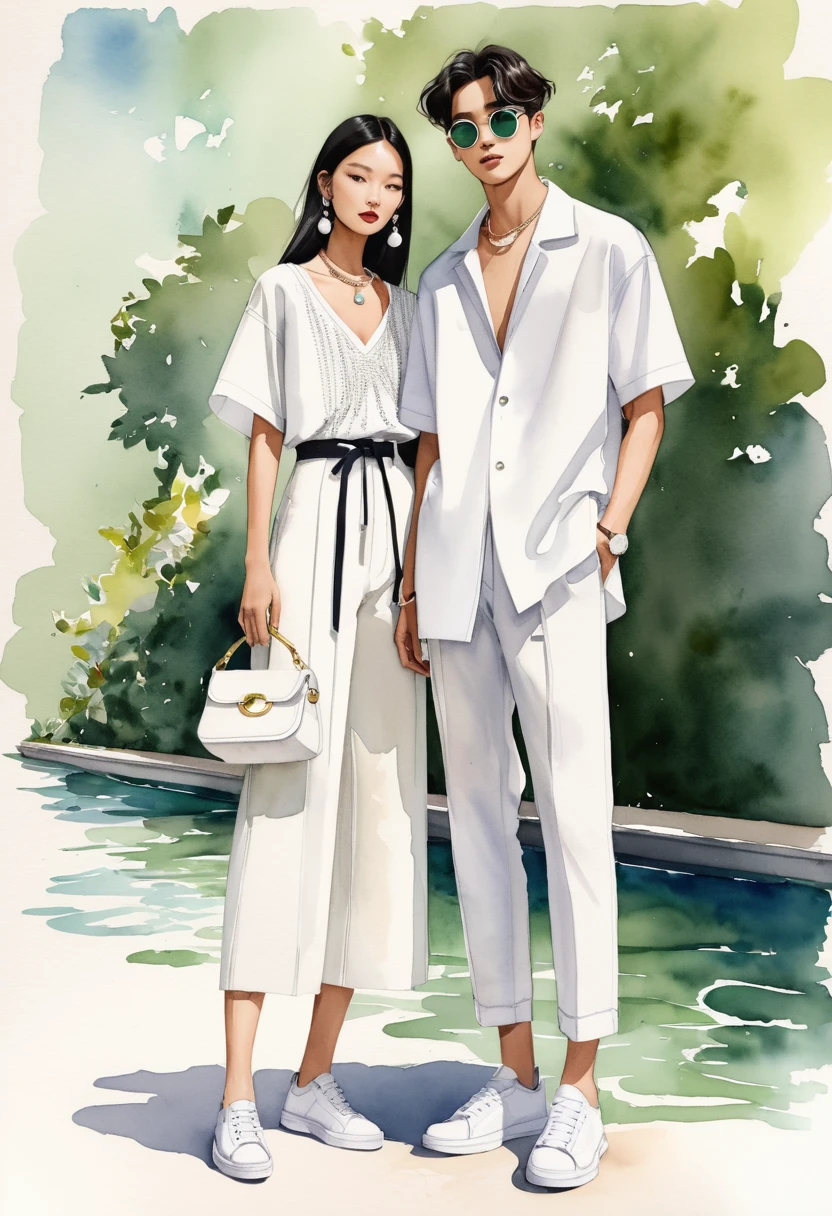 candid fashion illustration of young Asian man and woman, both aged 20 year old, ((showcase fashion look book in a Blabck and White rayon outfits)), inspired by Dior's resort collection 2023 in elegant young chic bohemian style. The man wears an oversized short-sleeved bowling white shirt with a minimal embroidery details, paired with relaxed-fit white Sports pants with Drawstring, He completes his look with white sneakers, round glasses. The woman complements him in a white Ankle-length dress in cotton woven fabric, open neckline, Smocked sections details to creating gathers effect, Her ensemble includes an accessorizes with a brimmed straw bag, pom-pom necklace and white sneakers and necklace. Captured in a low angle, ((full-body image)), ((light green leaf water color background)), sketching, realistic drawing, ((imperfect water color drawing)), fashion look book, fashion illustrator, sketch design, Jacquemus, Paris,