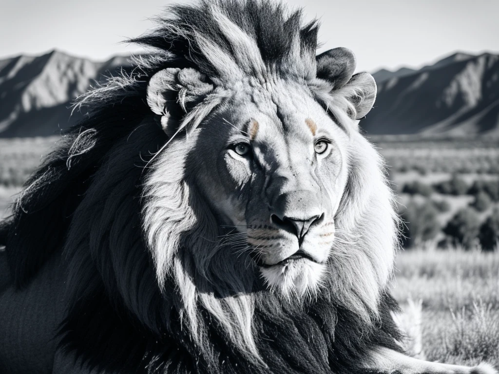 Black and white photo of a lion, close-up of a lion, nature, wide plateau, mountains in the background
