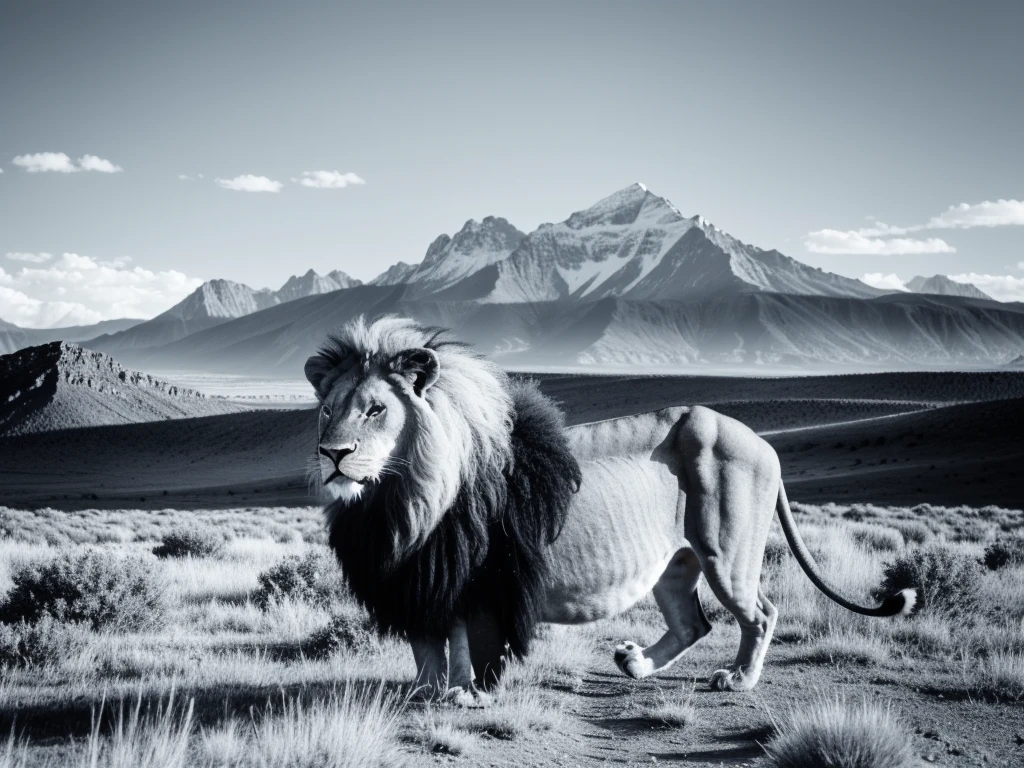 Black and white photo of a lion, close-up of a lion, nature, wide plateau, mountains in the background