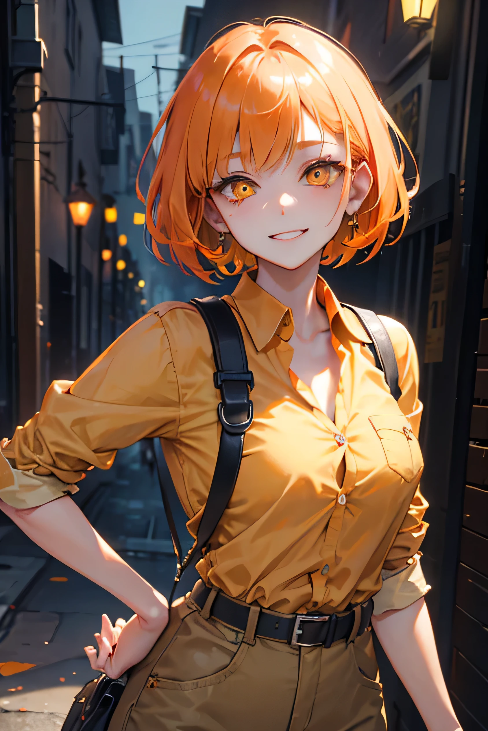 Beautiful adult woman、((Orange short hair))(Yellow Eyes)、(Wearing khaki clothes like a zombie)、Face close-up、smile、Halloween、Yandere、survival horror