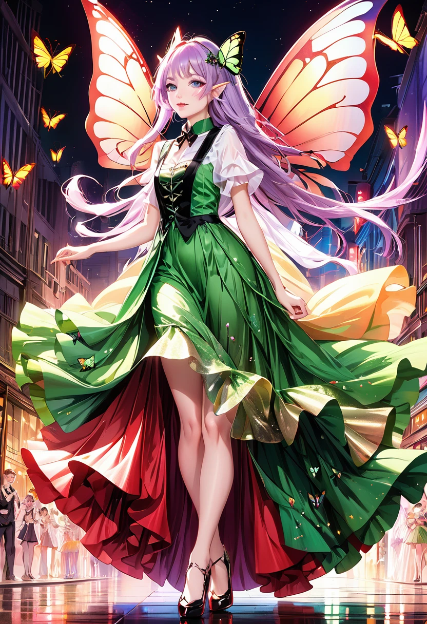 Irish woman, anime, modest, beautiful, high quality, night, 8k, long waist length light pale purple hair, green eyes, red lips, eyelashes, long saloon girl dress, heels, elf ears, large colorful butterfly fairy wings, stage, dancing