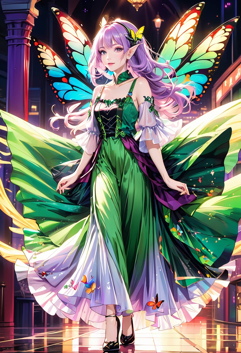 Irish woman, anime, modest, beautiful, high quality, night, 8k, long waist length light pale purple hair, green eyes, red lips, eyelashes, long saloon girl dress, heels, elf ears, large colorful butterfly fairy wings, stage, dancing