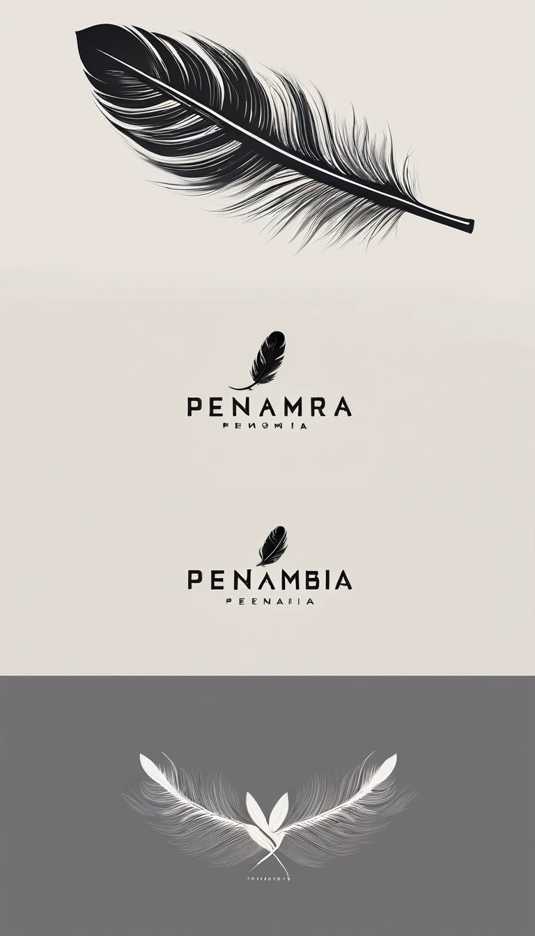 A minimal, modern, simple, cinematic logo design for the brand “Penamemoria". Create a modern, minimalistic, high-quality, logo of a feather-boy