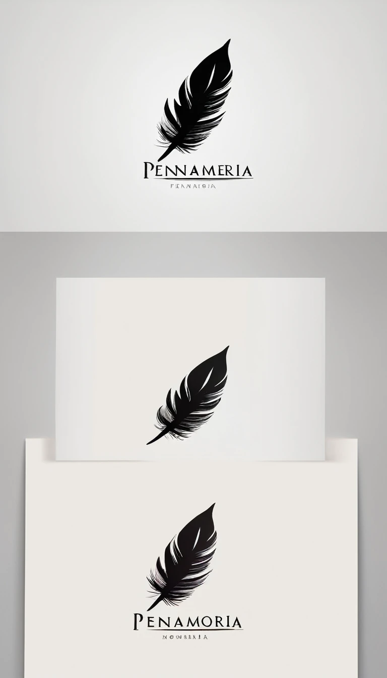 A minimal, modern, simple, cinematic logo design for the brand “Penamemoria". Create a modern, minimalistic, high-quality, logo of a feather-boy