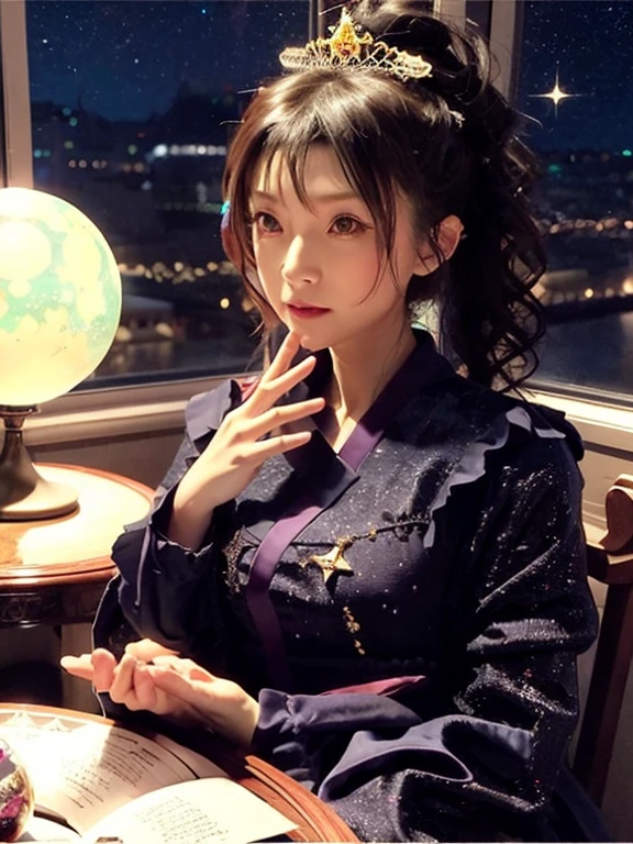 1 Girl, solo, (astrologer), 
Robe, Food, Star pattern, embroidery, Long sleeve, Hem widening, Velvet, 
mysterious, Fantasy, 
Dark eyeshadow, Star shaped glitter, Sparkling Highlights, Rich Lip Color, Smokey Eye, mysteriousなアイライナー, 
Crystal ball on table, The night view outside the window,
astrologerがクリスタルボールに手をかざして未来を覗いている,
Light in the ball, Fantasyな霧, A star chart emerges