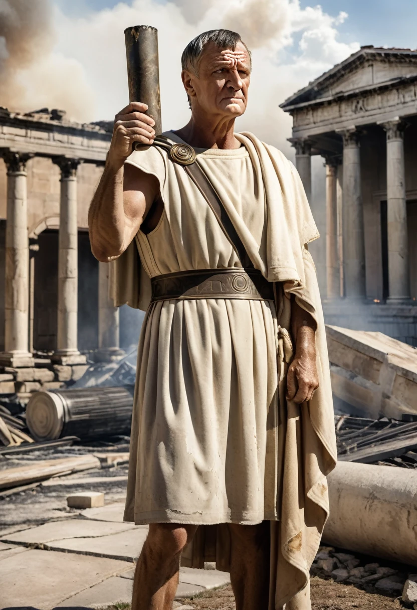 "A detailed image of a distressed homeowner rejecting Crassus's offer with a gesture of refusal. Crassus stands with a confident expression, holding a scroll. The background shows a Roman building with visible damage from a recent fire."
Size: "1024x1024"