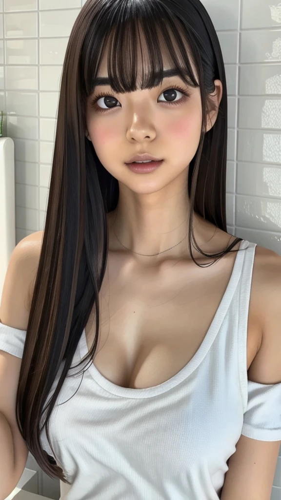 White T-shirt，JoJoJo,One girl, Underarm, Asian, bangs, Bare shoulders, Bathroom, Iris, Black Hair, blunt bangs, chest, brick wall, Brown eyes, Brown Hair, camisole, Sealing, chestの谷間, Mouth closed, clavicle, door, indoors, large chest, lips, Long Hair, View your viewers, nose, photograph \(Moderate\), Realistic, alone,, tile張りの床, tile wall, tile, toilet, Upper Body, wall, white camisole