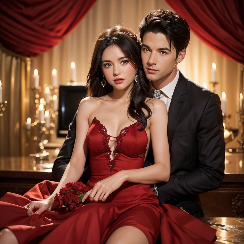 Create a thumbnail image for a TV show called "The Bachelorette." The image should prominently feature a red rose as a central element. Include a woman in an elegant dress (color of your choice) holding a red rose, set against a backdrop that suggests a formal event or a romantic setting. The overall design should be eye-catching and vibr