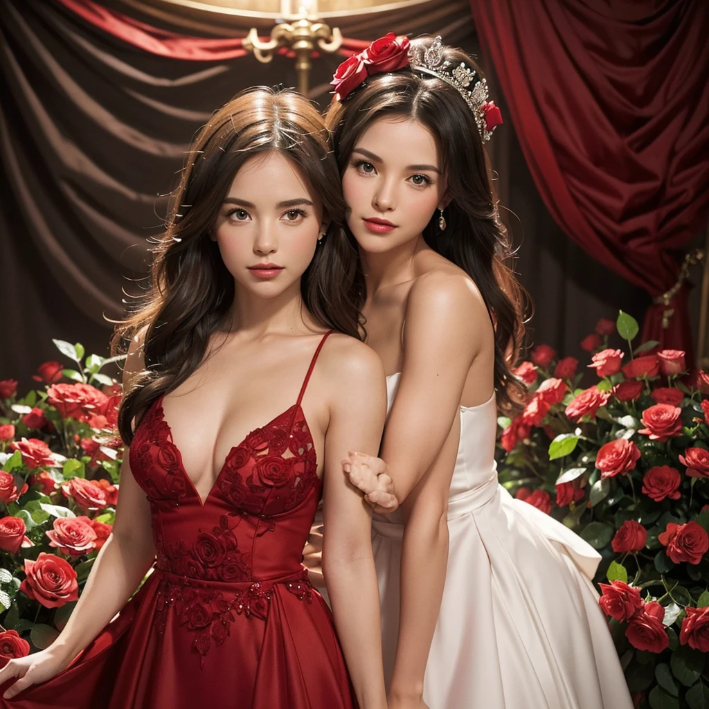 Create a thumbnail image for a TV show called "The Bachelorette." The image should prominently feature a red rose as a central element. Include a woman in an elegant dress (color of your choice) holding a red rose, set against a backdrop that suggests a formal event or a romantic setting. The overall design should be eye-catching and vibr