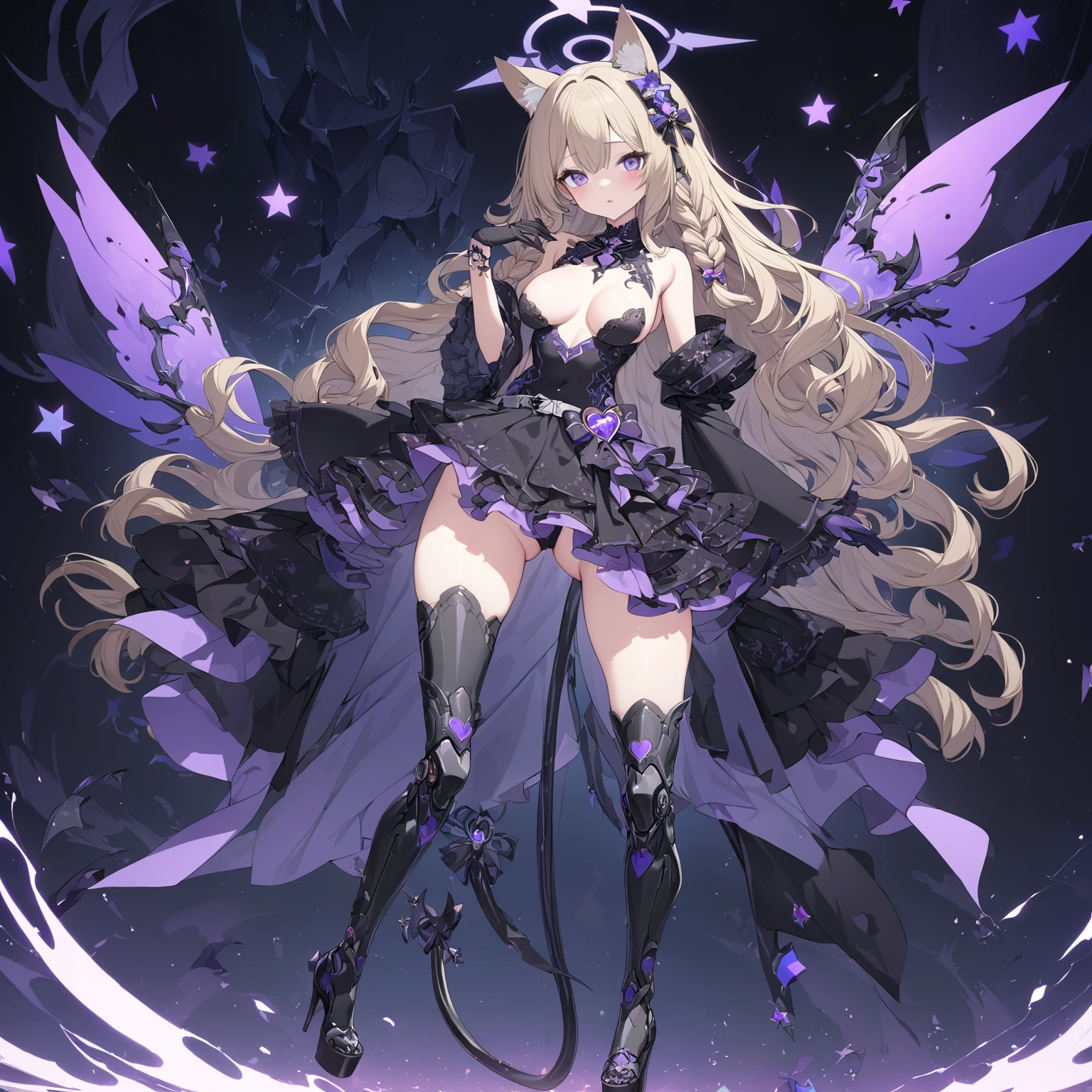 1 girl , long dark blonde hair, slim build, wavy hair with hip length curls, has a short central tuft, She has two short braids on the left and right side of her head.. He has black serval ears with gray and purple on the top of his head. small face. one gray eye and one violet eye, large ribbon on the right and left side of the hair below the serval ears. extremely detailed face, Beautiful detailed eyes, beautiful detailed lips. woman 180 cm tall, adorable, extremely detailed legs, (Best Quality, 4k, 8k, high resolution), ultra detailed, Exquisite and epic character art. Black platform heels, Elegant One Piece Thigh-Length Dress with Ruffle Skirt and Wide Sleeves. gloves. light gray belt with a large blue heart ribbon. black necklace with heart emblem on the neck. Has a succubus tail with a purple star tip.. (wide hip). Luminous black halo with purple star patterns above his head... (medium size). Thigh High Mechanical Legs in Black and Luminous Purple, (16 yea).