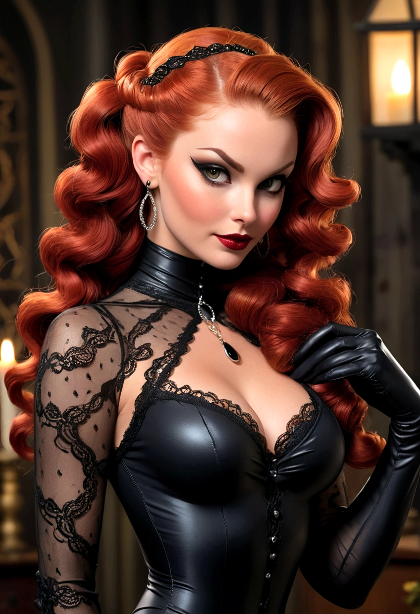 Full body shot Brooke Monk catwoman, ringlets wavy five feet long red hair, updo hairstyle with ponytail on one side and long hairpins holding the bun long braid, strong thighs, dark red glossy lips, heavy black eye shadow long black eyeliner, long sharp claws, black lace beautiful and creative catwoman bodysuit with no jewels, huge cleavage, clear ears no earrings, no earrings, no earrings, no earrings, no jewels, beautiful forehead lace ornament, posing in a feminine catwoman den, happy expression, dark ambience night time candle lights. No faces on her chest!