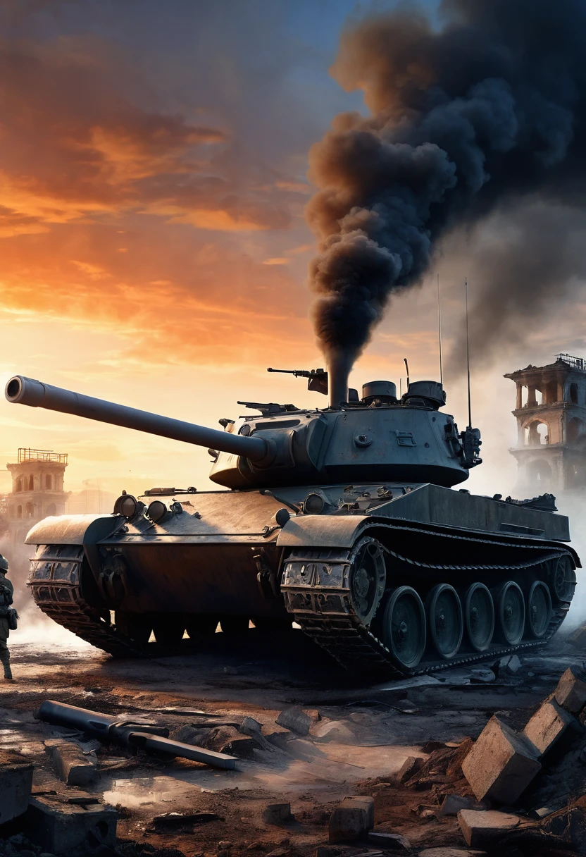 (A female soldier stands on the left and touches the tank gun barrel,Saying goodbye,Background is the ruins of the city,Under the sunset:1.5)painting masterpiece, Extremely detailed, Black White Dark Steel Dark Blue Black Light Brown Dark Brown White Light Orange Dark Red Dark Green, Dramatic Lighting, evening, High contrast, steam, FOG, Israeli soldiers fighting with tanks on the battlefield, Movie Lighting, Aspect ratio of 16:9, steam, 4K, professional ominous Concept Art, author:artgerm and greg rutkowski, complex, elegant, Highly detailed digital painting, Concept Art, Smooth, Clear focus, illustration, Simon Starenhagen's style, Wayne Barlow, 和 igor kieryluk., Acrylic painting, Popular in pixiv Fan Box, Palette knife and brush strokes, Makoto Shinkai's styleJamie WiseJames GirardEdward HopperGreg RutkowskiStudio GhibliGenshin Impact