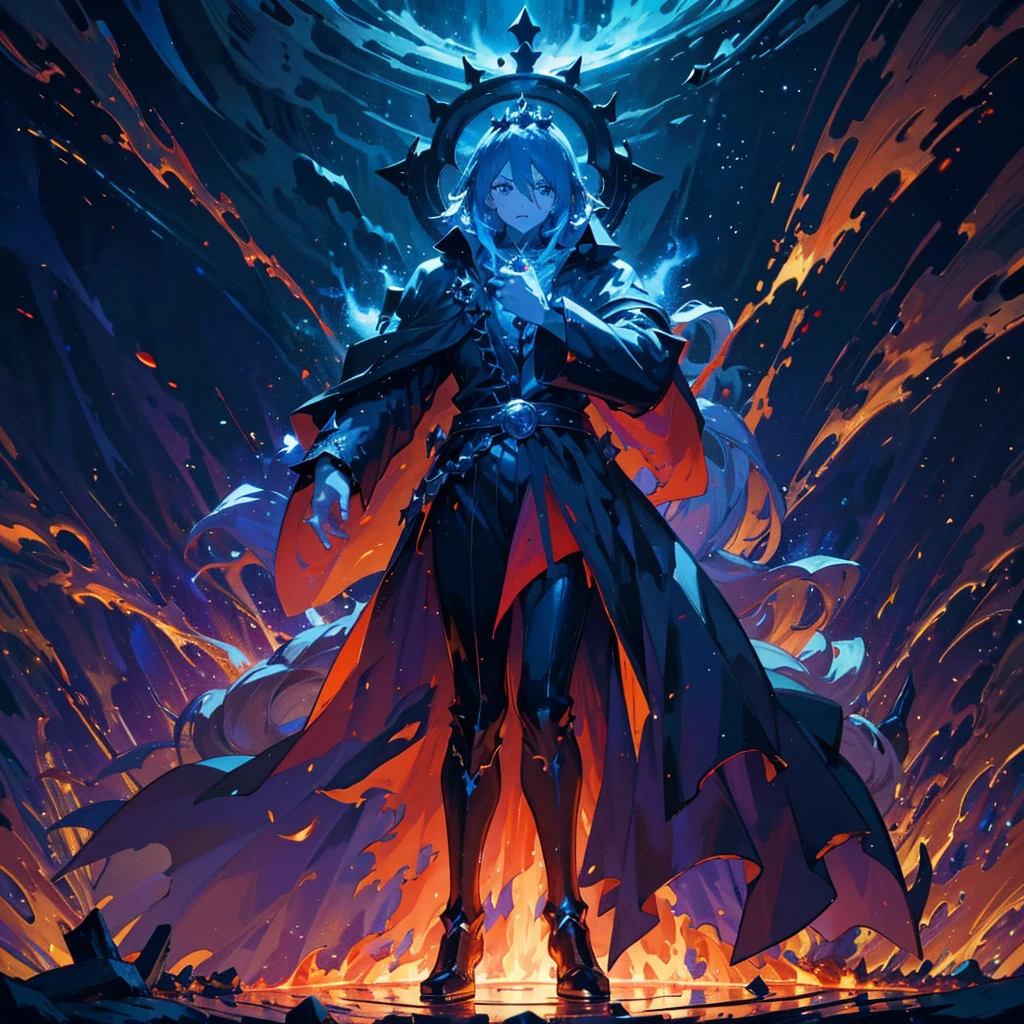 dark mage king with a crown, dark magic aura, monstruous king, magic crown, dark shrink background, tremendous malicious aura, dinamic art, full body art, action pose, full body pose